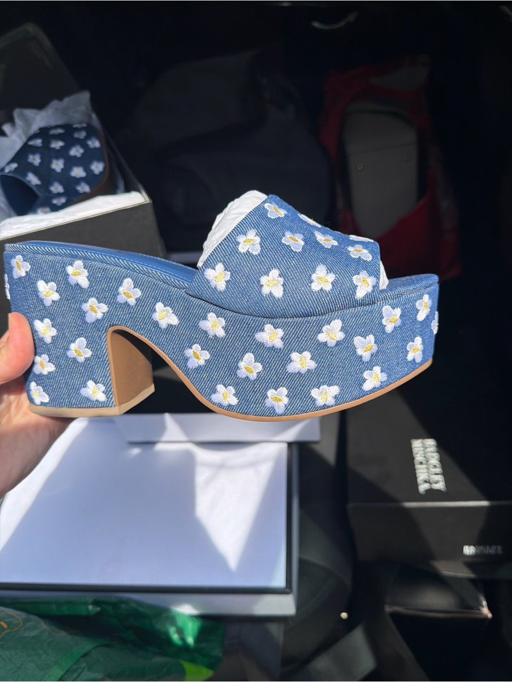 Larroude Blue Daisy Embroidered Platform Mules